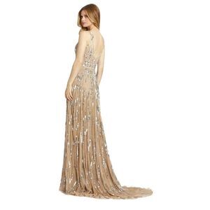 Mac Duggal Lattice Sequin Beaded A-Line Gown A-Line Dress Womens Nude Silver Siz